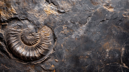 This close-up image showcases a stone surface featuring a fossil, highlighting intricate textures and patterns that reveal the beauty of nature and geological history.の素材