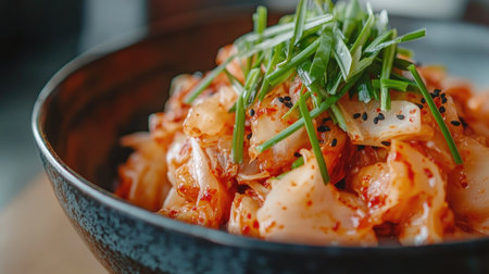 A close-up view of vibrant kimchi served in a bowl, showcasing its fresh ingredients and colorful presentation, perfect for food enthusiasts and culinary projects.の素材