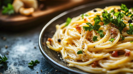 A delectable close-up view of spaghetti carbonara served on a plate. This image highlights the creamy texture, fresh herbs, and appealing presentation, showcasing Italian cuisine at its best. Perfect for food lovers!の素材