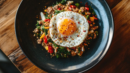 A vibrant stir-fried basil dish topped with a perfectly cooked egg, showcasing fresh ingredients and enticing colors on a stylish plate. Perfect for food lovers.の素材