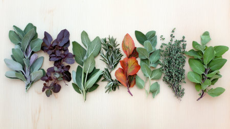 This vibrant overhead shot displays a variety of fresh herbs, arranged neatly on a wooden background. Ideal for culinary and organic themes.の素材