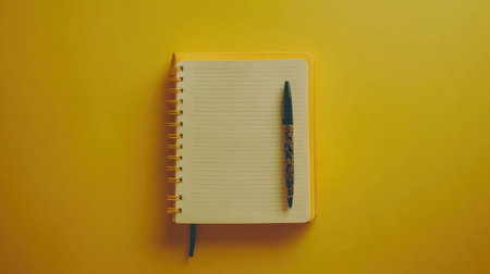 A vibrant yellow notebook with a pen lying flat on a colorful background. Perfect for creative projects, note-taking, or planning sessions in any workspace.の素材
