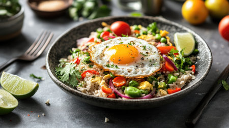 A vibrant plate of fried rice garnished with fresh vegetables and a sunny-side-up egg, offering a delicious and nutritious meal perfect for any occasion.の素材