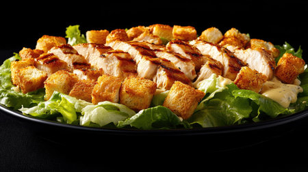 A delicious close-up of a Caesar salad featuring grilled chicken, crunchy croutons, and fresh leafy greens, perfect for a healthy meal choice.の素材