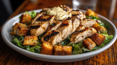 A vibrant, close-up view of a fresh Caesar salad featuring grilled chicken slices, croutons, and creamy dressing. Ideal for food lovers and culinary enthusiasts.の素材