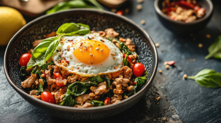 Enjoy a vibrant plate of Thai stir fried basil with a fried egg, featuring fresh vegetables and a colorful presentation that highlights traditional flavors.の素材