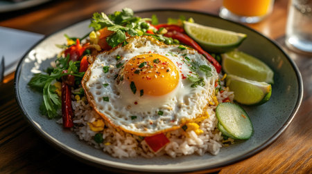 A mouth-watering plate of fried rice garnished with a sunny-side-up egg, fresh vegetables, and lime, perfect for a vibrant meal experience.の素材