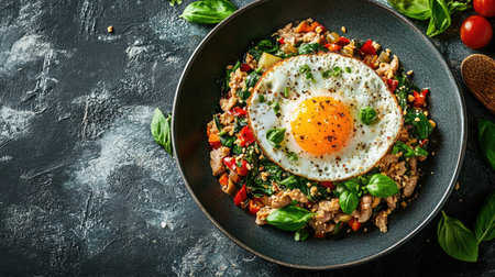 A vibrant Thai stir-fried basil dish featuring a perfectly cooked egg atop a colorful medley of vegetables, creating a delicious and healthy meal option.の素材