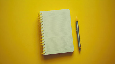 This image features a bright blank lined notebook and a pen on a vibrant yellow background, perfect for inspiring creativity and organization in study or work environments.の素材