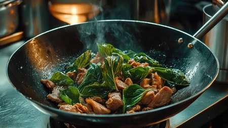 A vibrant stir-fried dish featuring tender chicken and fresh green herbs, prepared in a traditional wok, showcasing the dynamic cooking process.の素材