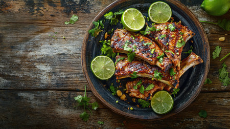 Indulge in these hearty grilled pork ribs, garnished with fresh lime and herbs on a rustic wooden plate. Perfect for outdoor cooking and summer feasts.の素材