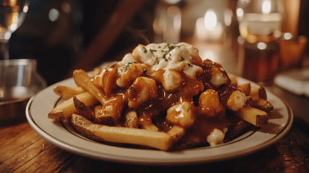 A comforting plate of classic poutine featuring thick cut fries topped with savory gravy and cheese curds, perfect for a cozy dining experience.の素材
