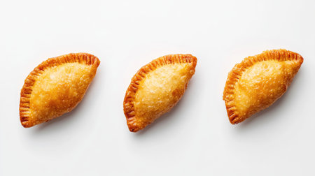 Three golden brown empanadas arranged on a white surface, showcasing their crispy texture and appetizing appearance, perfect for food photography.の素材