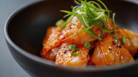 A tantalizing close-up of mouthwatering kimchi garnished with green onions in a dark bowl. Perfect for showcasing delicious Asian cuisine and healthy eating.の素材