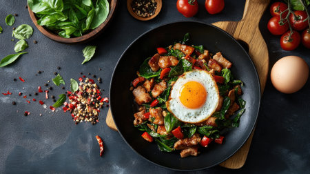 A vibrant stir-fried basil dish topped with a sunny-side-up egg, accompanied by fresh tomatoes and peppers. Perfect for a healthy meal option.の素材