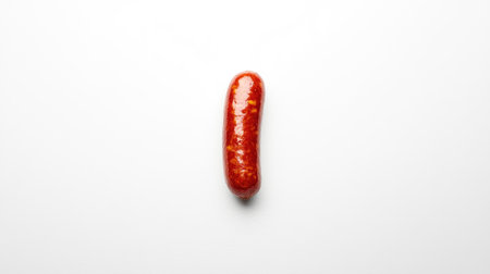 This minimalist image features a single grilled sausage on a clean white surface, emphasizing its vibrant color and shape for an appealing culinary display.の素材