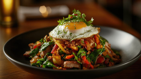 A vibrant plate of Thai stir fry featuring basil, fresh vegetables, and a perfectly fried egg on top, ideal for showcasing healthy and flavorful cuisine.の素材