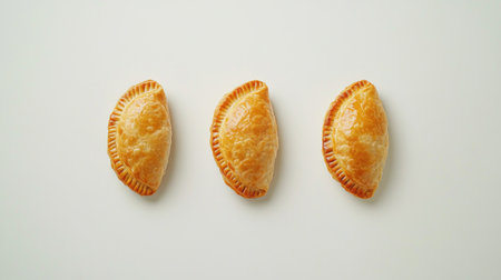 A visually appealing shot of three golden brown pastries arranged neatly. This image captures the textures and colors, creating an appetizing look perfect for culinary presentations.の素材