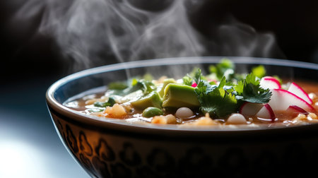 A steaming bowl of traditional Mexican pozole topped with fresh ingredients like cilantro and radish. This comforting dish reflects vibrant flavors and rich culture.の素材