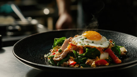 This vibrant stir fried basil dish features a perfectly fried egg, creating a deliciously aromatic meal. Ideal for a healthy lunch or dinner option.の素材