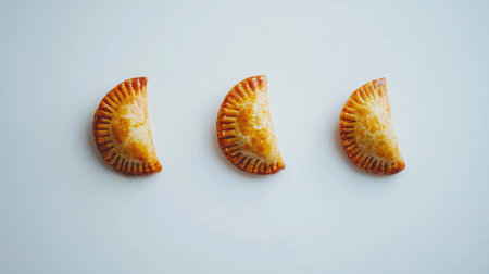 A minimalistic shot of three golden brown pastries arranged neatly on a plain surface, showcasing their inviting texture and warm color. Perfect for food photography.の素材
