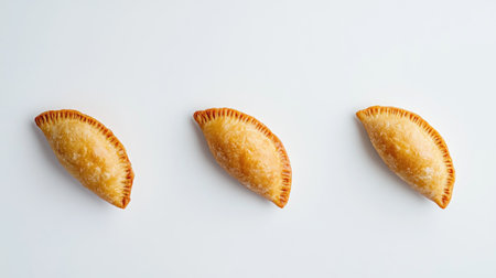 This image features a simple yet striking arrangement of three golden brown pastries, perfect for showcasing gourmet snacks or baked delights in a minimalistic style.の素材