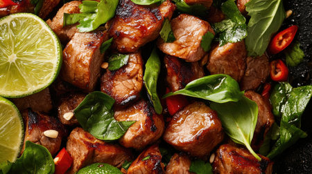 A tantalizing close-up of stir-fried pork with fresh lime, chili, and basil. This vibrant dish offers a savory and delicious feast for any gourmet meal.の素材