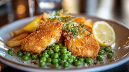 A delicious serving of crispy fried fish on a plate with vibrant green peas and a slice of fresh lemon, perfect for a gourmet meal or dining experience.の素材