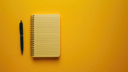 A simple lined notebook positioned with a green pen on a vibrant yellow background, ideal for creative note-taking or organization in stylish settings.の素材