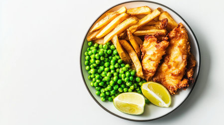 A vibrant plate featuring golden fried fish, crispy chips, and green peas, garnished with lemon wedges, perfect for capturing a delicious meal scene.の素材