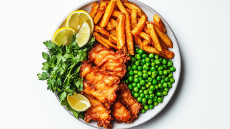 A vibrant plate featuring golden fried fish accompanied by fresh peas, fries, and lemon slices, perfect for a delicious meal or snack.の素材