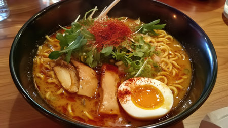 Enjoy a vibrant bowl of creamy ramen, featuring fresh herbs, perfectly cooked noodles, and rich toppings for an unforgettable dining experience.の素材
