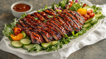 An inviting arrangement of grilled pork slices artfully placed on a serving platter, enhanced with fresh vegetables and a rich sauce for a delightful presentation.の素材