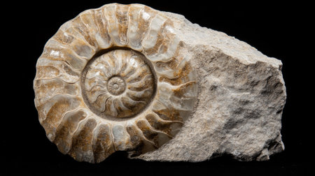 Detailed close-up of a fossilized ammonite showcasing its unique spiral form and natural textures against a dark background, perfect for educational and decorative purposes.の素材