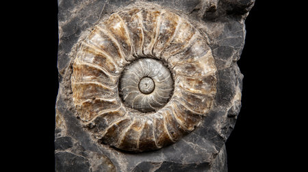 A stunning close-up view of a fossilized ammonite, showcasing intricate details and natural beauty. This specimen offers insight into ancient marine life and geology.の素材