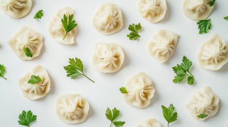 A visually pleasing close-up of cooked dumplings adorned with fresh parsley. Perfect for food photography or culinary presentations, showcasing Asian cuisine.の素材