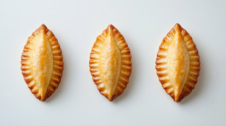 A visually appealing display of three golden-brown pastries arranged symmetrically, highlighting their crisp texture and inviting appearance. Perfect for culinary inspiration.の素材