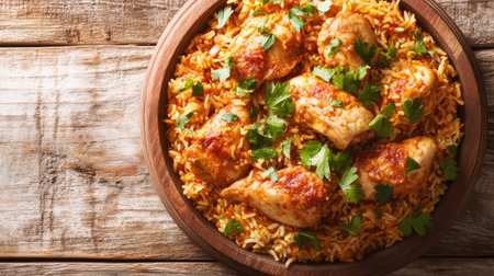 A vibrant bowl of chicken biryani featuring tender chicken pieces on a bed of golden, spiced rice, garnished with fresh herbs, perfect for any meal.の素材