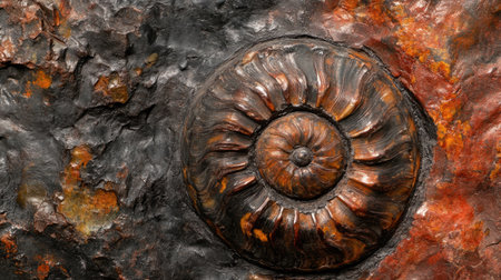 Close-up view of a fossilized ammonite showcasing intricate patterns and colors. This stunning specimen highlights the beauty of ancient geology and natural history.の素材