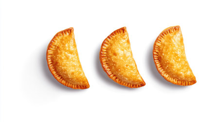 A visually appealing display of three golden brown pastries, showcasing their crispy texture and delicious appearance, perfect for any culinary setting.の素材