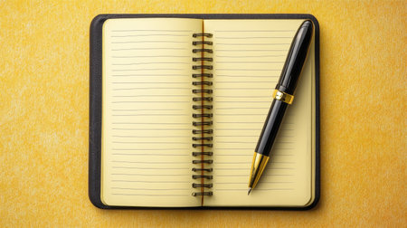This vibrant yellow notebook features a sleek pen resting on its lined pages. Ideal for creative projects, note-taking, or inspiration in any workspace.の素材