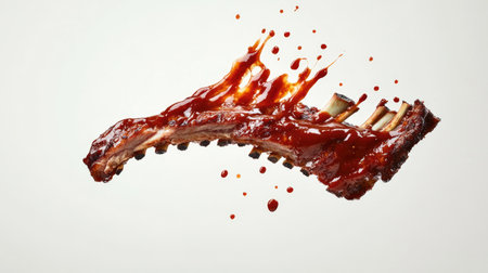 A whimsical shot of barbecued pork ribs in mid-flight, dripping with sauce. The image showcases a creative and playful approach to food photography.の素材