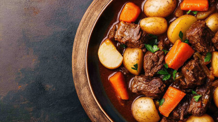 A beautifully arranged plate of warm beef stew, featuring tender chunks of beef, carrots, and potatoes in a savory broth, perfect for a cozy meal.の素材