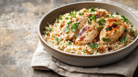 Enjoy a bowl of flavorful chicken biryani with golden spiced rice, garnished with fresh herbs. A mouthwatering dish perfect for any meal!の素材