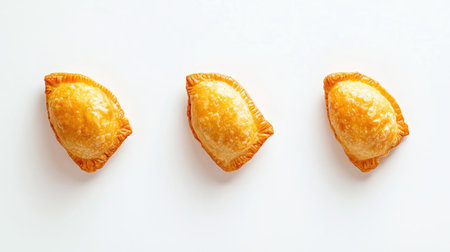 A close-up view of three golden brown empanadas showcasing their crispy texture and enticing shine. Perfect for food lovers and culinary photography.の素材