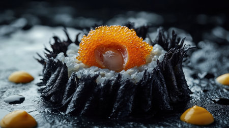 A stunning sushi piece artfully plated with uni and caviar, set against a dark background. This intricate dish showcases culinary creativity and sophistication.の素材