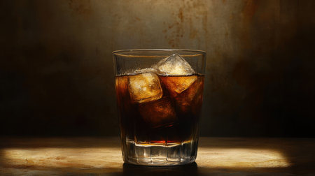 A beautifully chilled glass of iced coffee filled with ice cubes, set against a dark, moody background, creating an inviting and refreshing look.の素材
