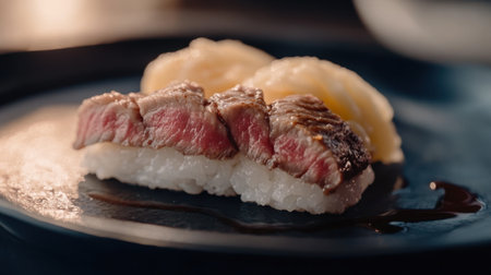 This close-up image showcases a glossy wagyu sushi nigiri, highlighting the rich textures and colors of this gourmet delicacy, perfect for food lovers.の素材