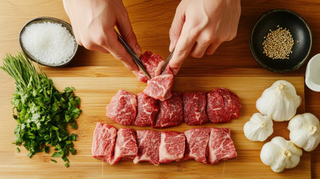 A chef skillfully slices fresh beef for a traditional Japanese hotpot. Aromatic herbs and spices enhance the dish's vibrant flavors, showcasing culinary expertise.の素材