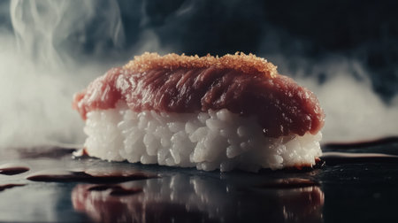 A close-up view of a delicate wagyu sushi piece, showcasing its rich texture and flavorful presentation. The image captures a gourmet experience with artistic flair.の素材